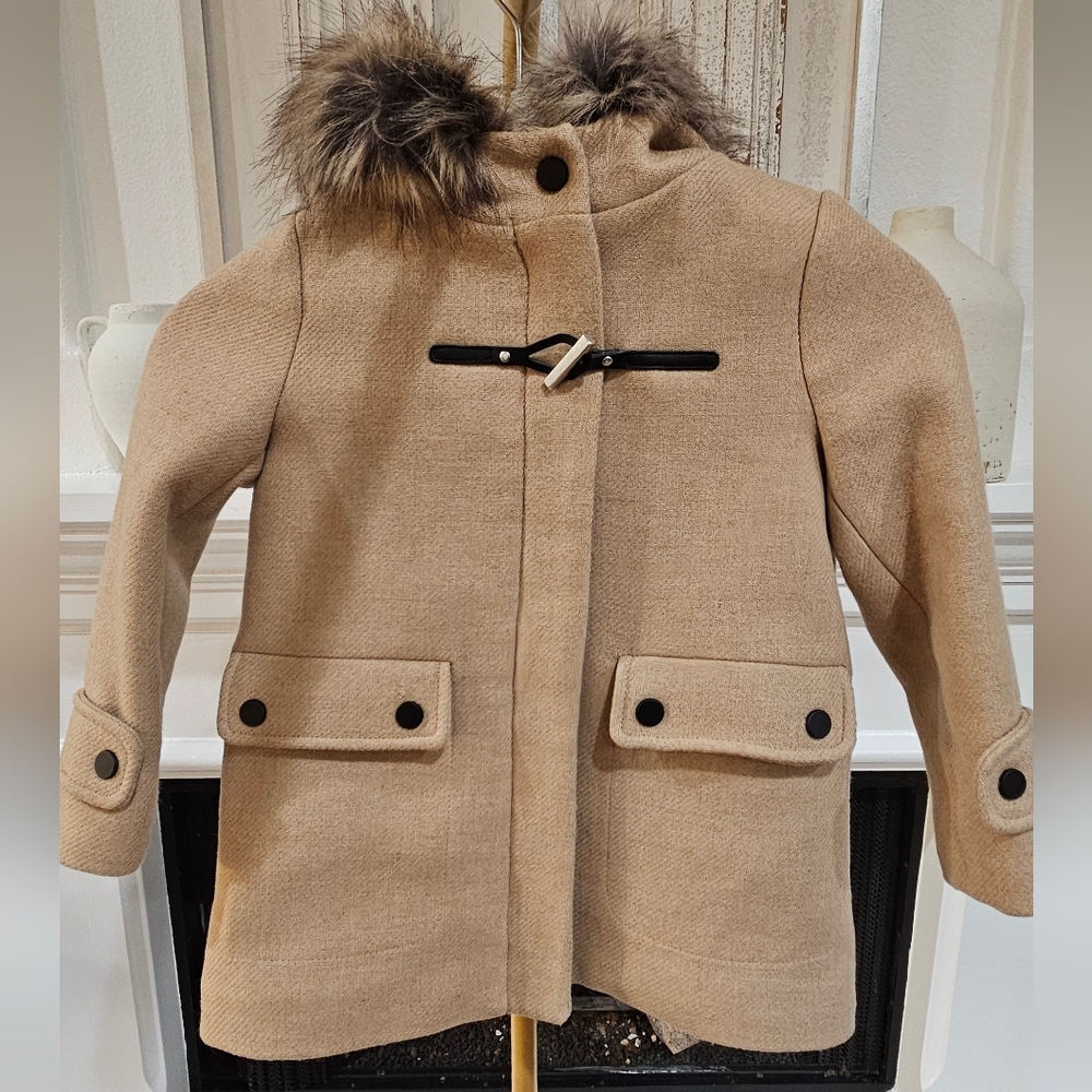 Zara Kids Beige Pea Coat with Faux Fur Collar